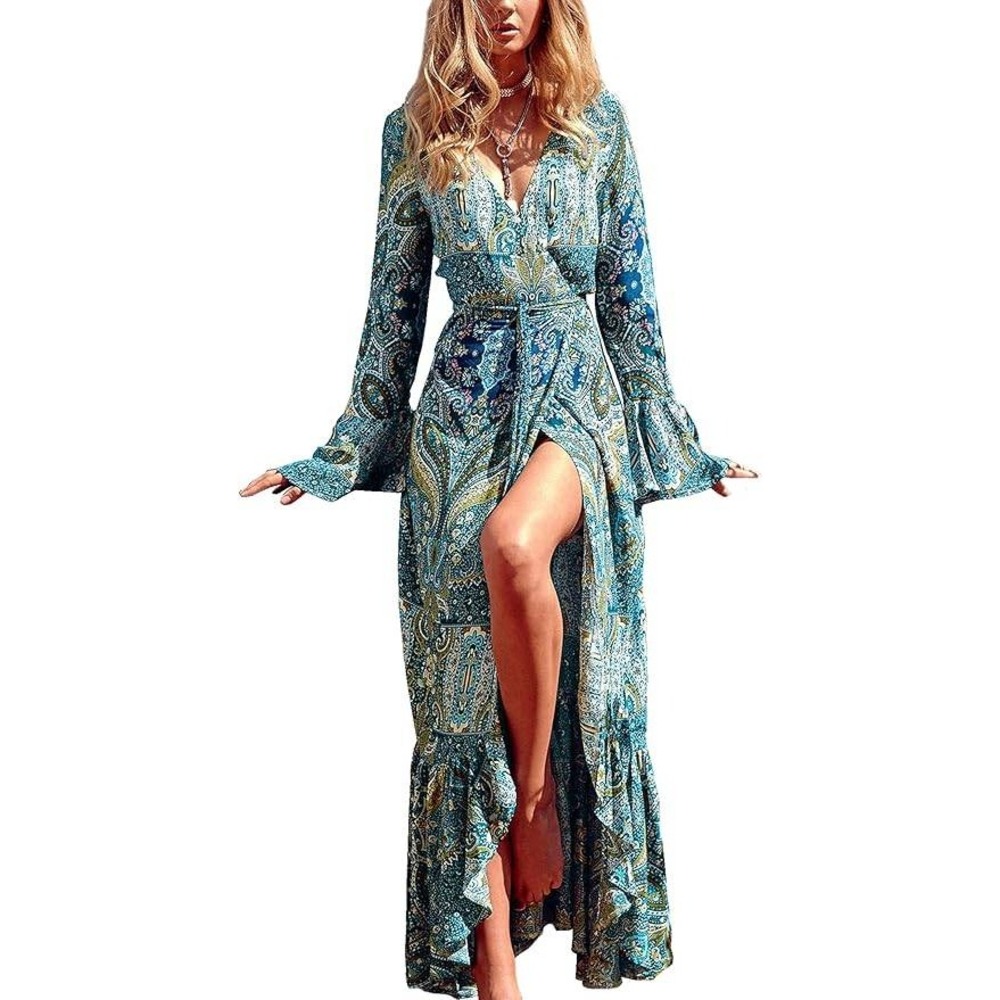 R. Vivimos Women's Summer Long Sleeve V Neck Ruffle Hem Sexy Maxi Dress Size L